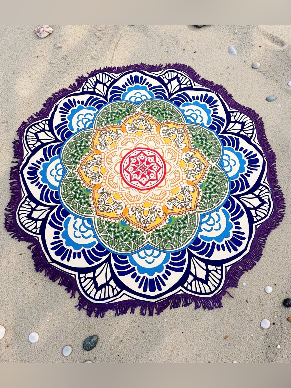 Colorful bohemian Lotus Flower Beach Throw Yoga Mat Towel with Purple Fringe